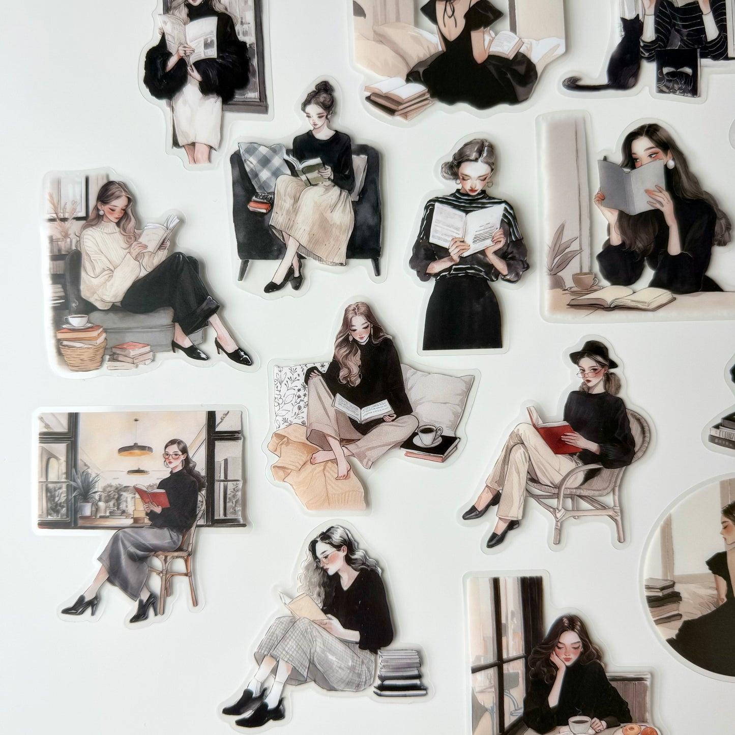 Chic Reading Girl Stickers | Black & White Aesthetic (15 pcs)