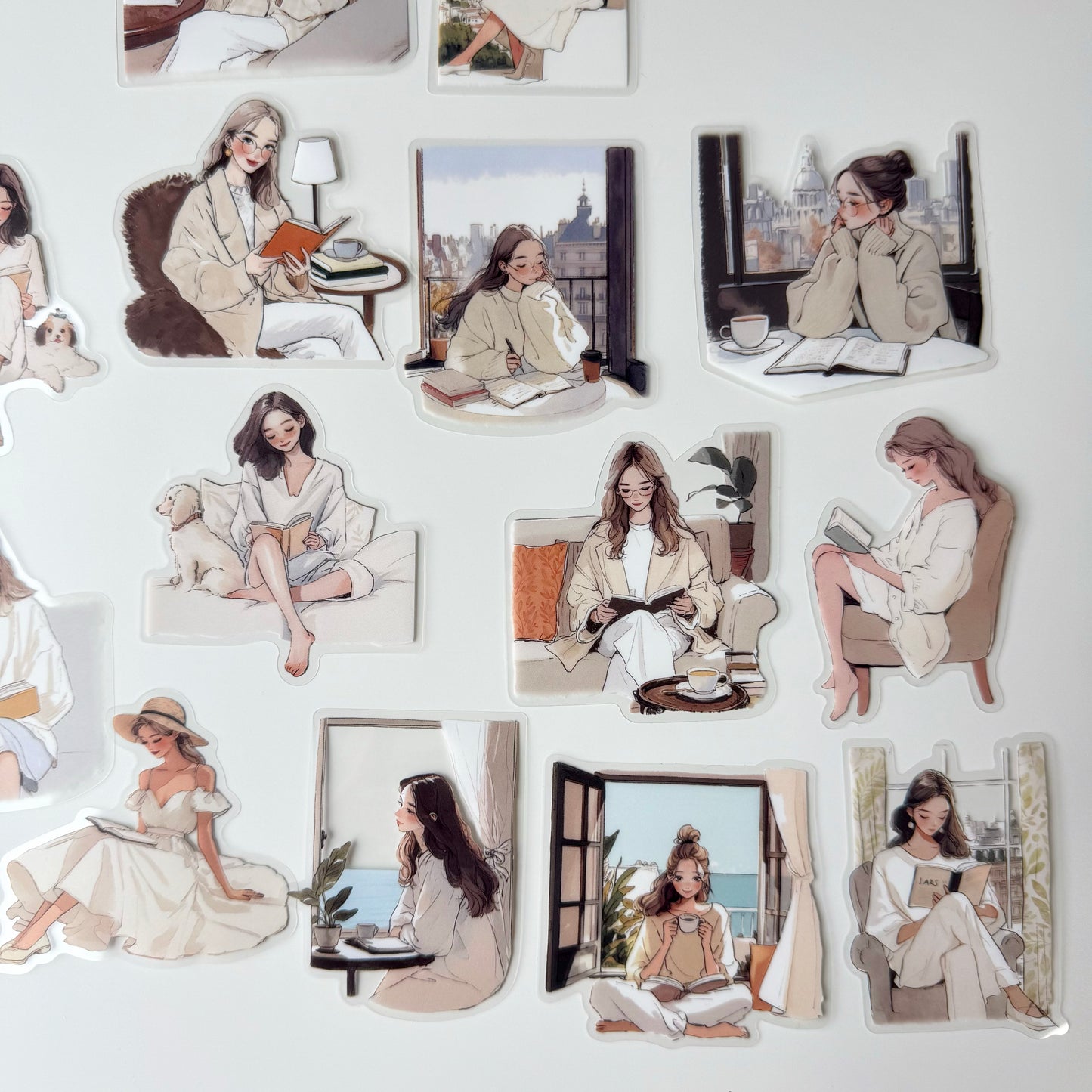 Warm Reading Girl Stickers | Cozy Cream Aesthetic (15 pcs)