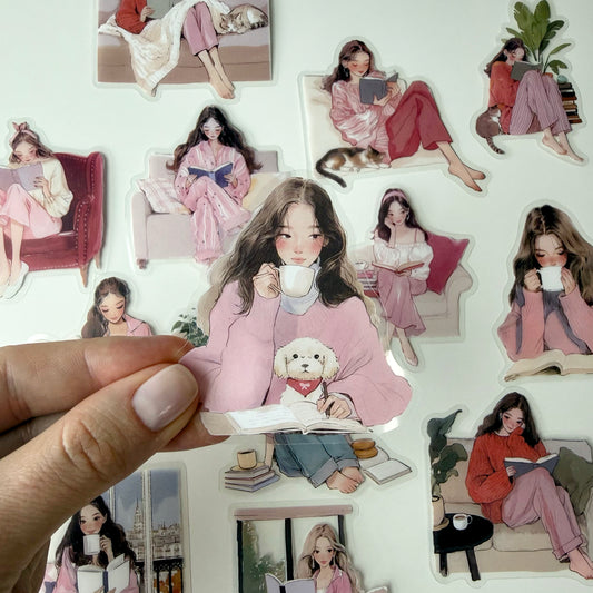 Sweet Reading Girl Stickers | Pastel Pink Aesthetic (15 pcs)