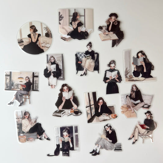Chic Reading Girl Stickers | Black & White Aesthetic (15 pcs)
