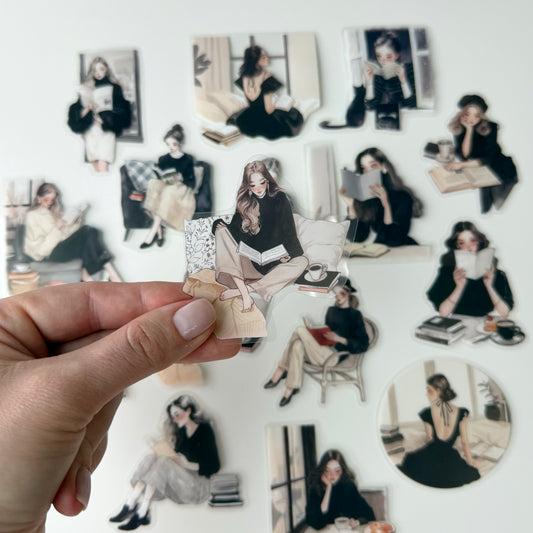 Chic Reading Girl Stickers | Black & White Aesthetic (15 pcs)