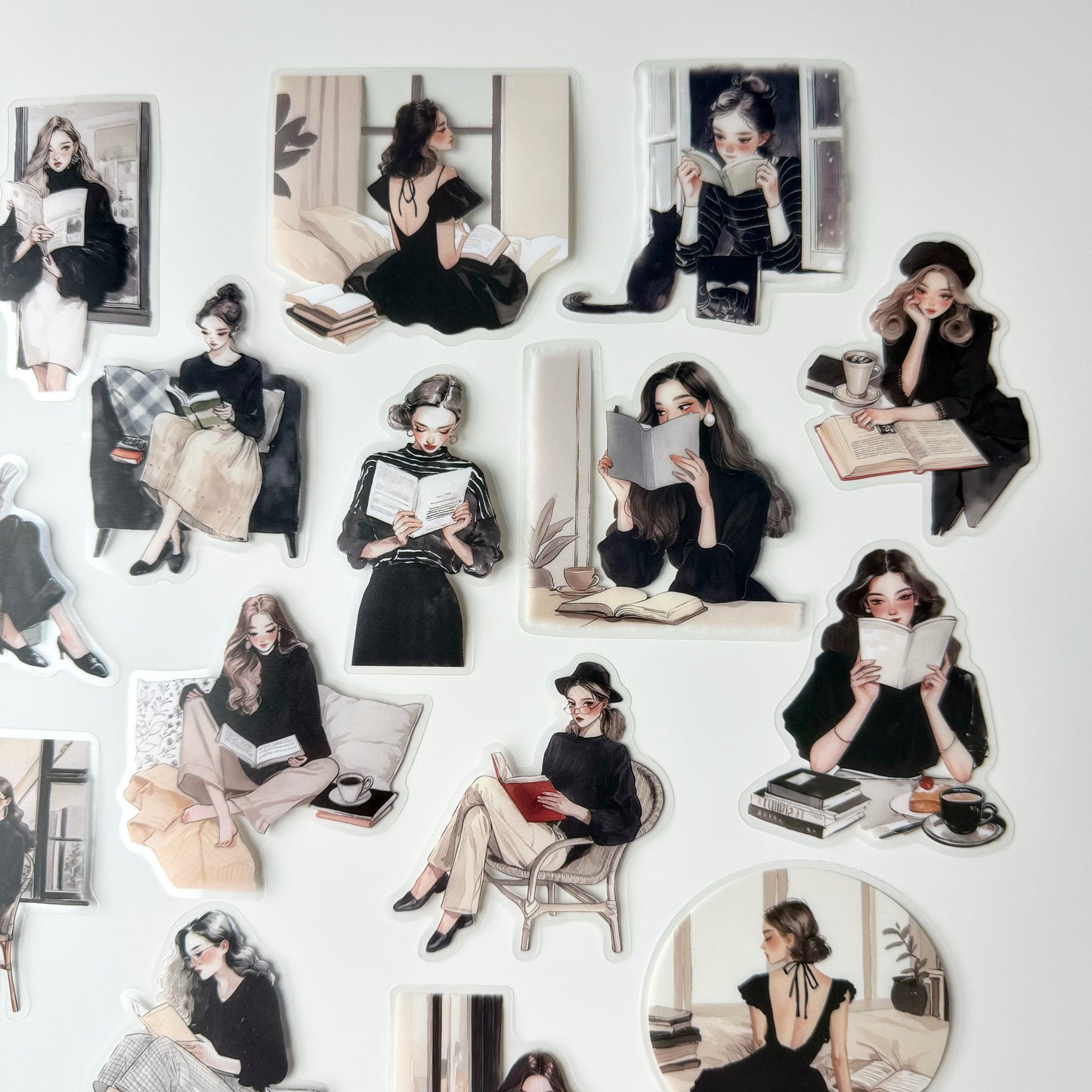 Chic Reading Girl Stickers | Black & White Aesthetic (15 pcs)