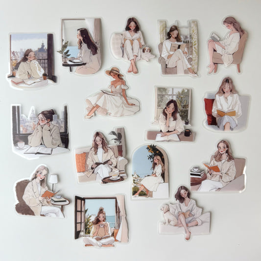 Warm Reading Girl Stickers | Cozy Cream Aesthetic (15 pcs)