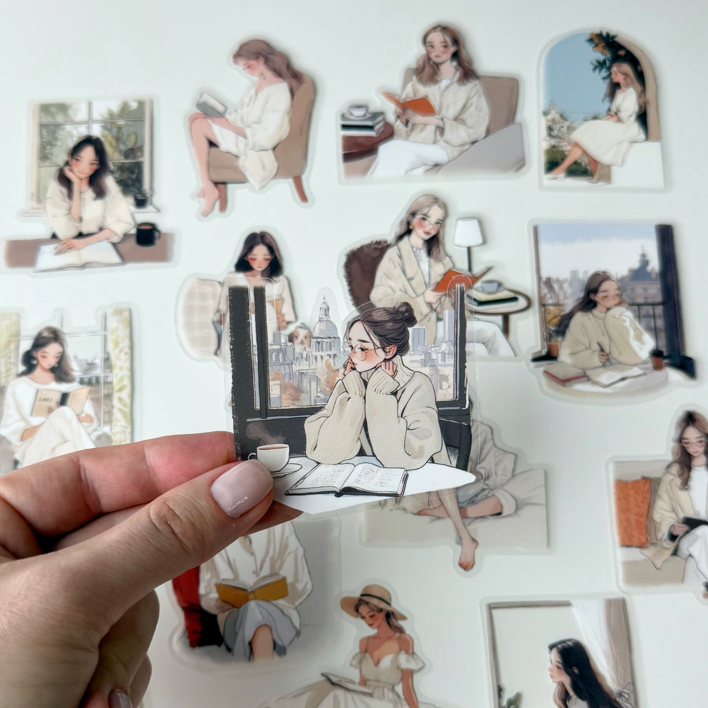 Warm Reading Girl Stickers | Cozy Cream Aesthetic (15 pcs)