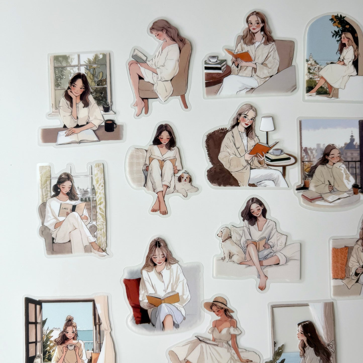 Warm Reading Girl Stickers | Cozy Cream Aesthetic (15 pcs)