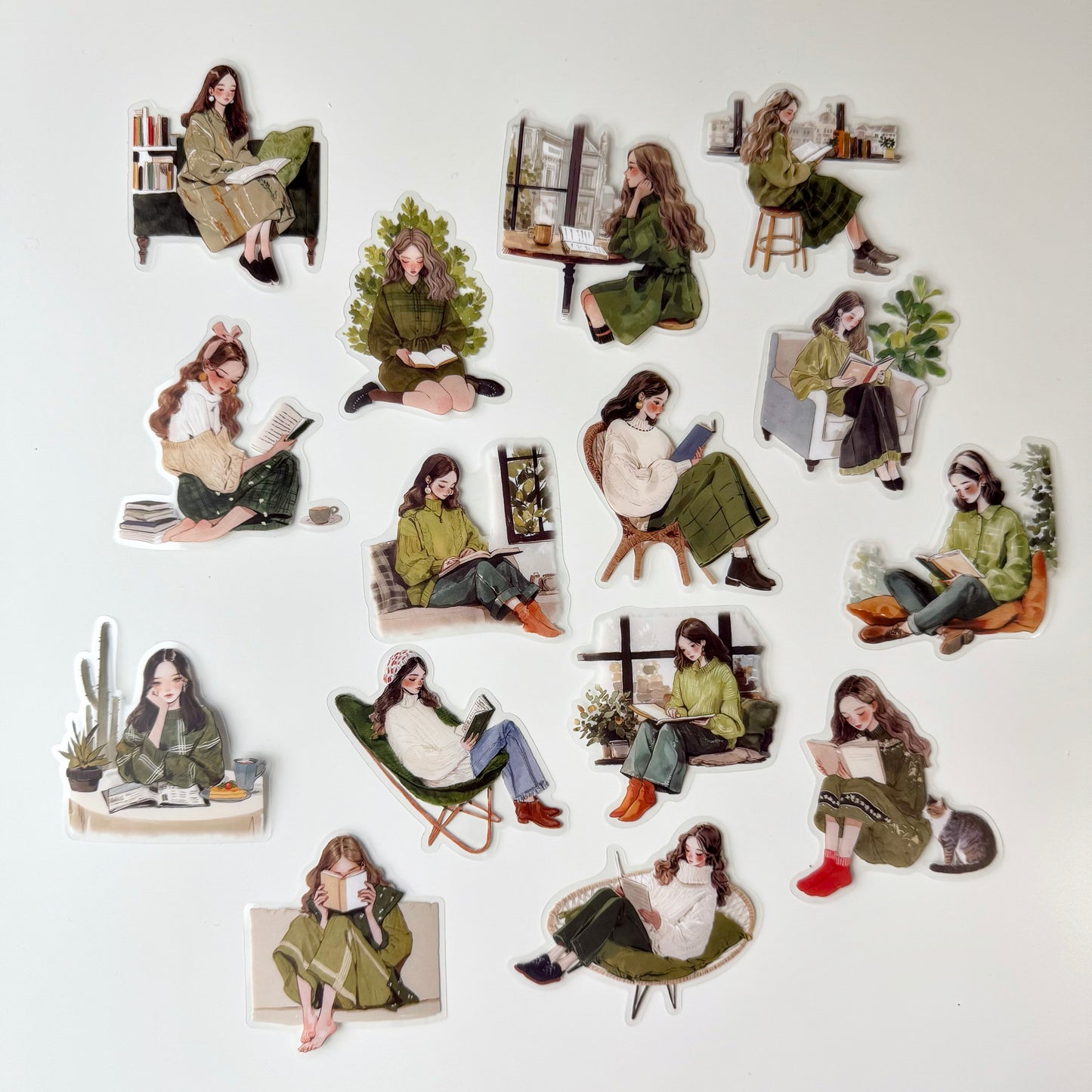 Gentle Reading Girl Stickers | Soft Green Aesthetic (15 pcs)