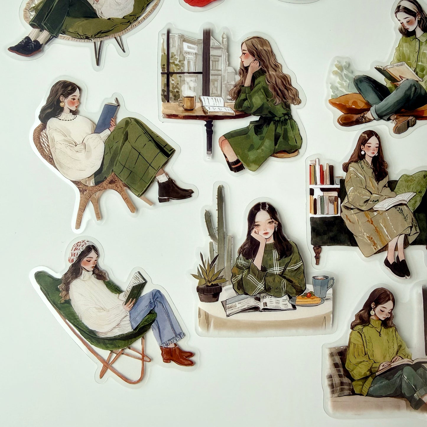Gentle Reading Girl Stickers | Soft Green Aesthetic (15 pcs)