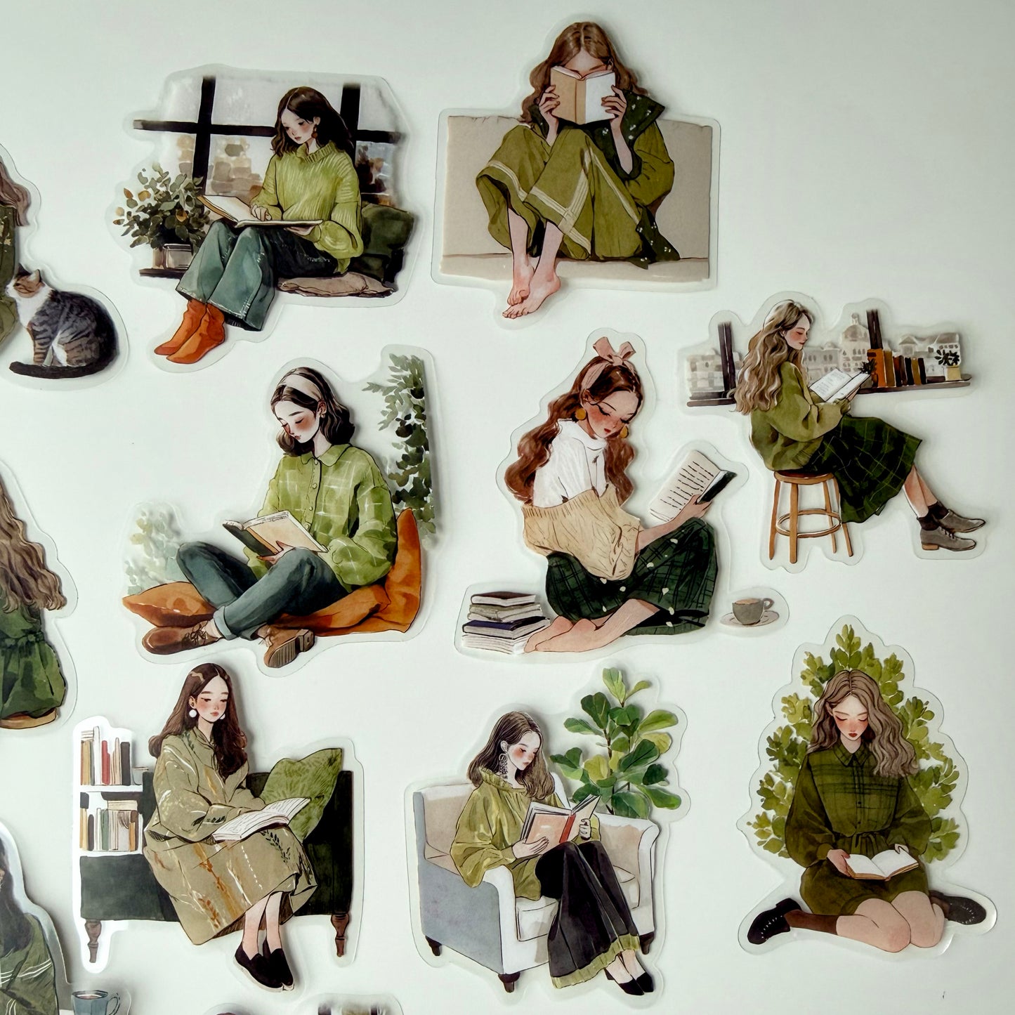 Gentle Reading Girl Stickers | Soft Green Aesthetic (15 pcs)