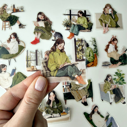 Gentle Reading Girl Stickers | Soft Green Aesthetic (15 pcs)