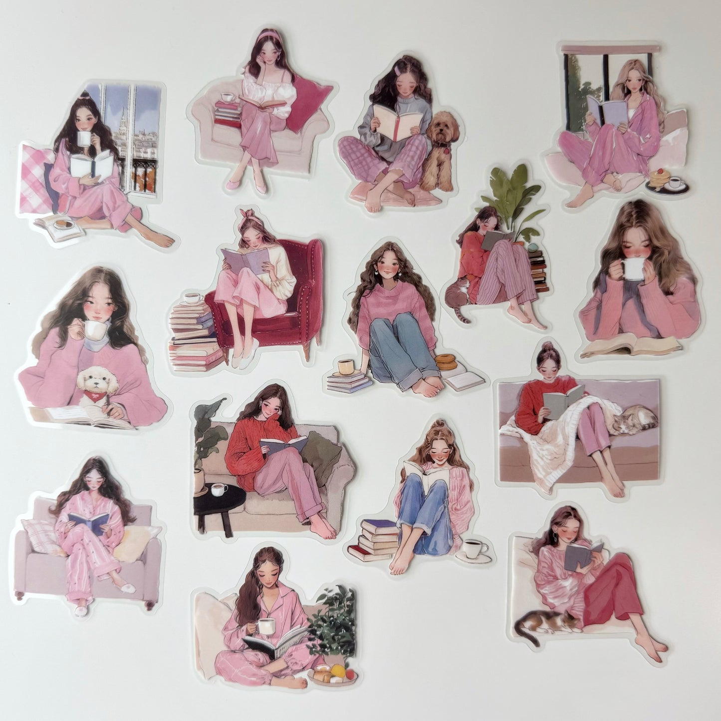 Sweet Reading Girl Stickers | Pastel Pink Aesthetic (15 pcs)
