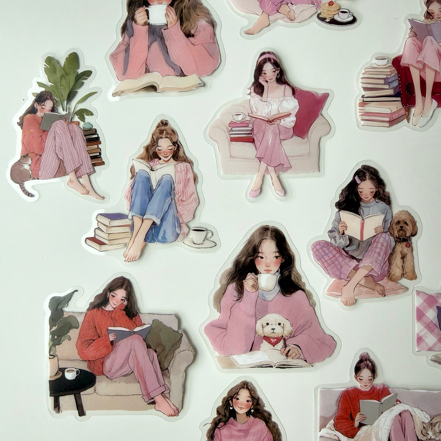 Sweet Reading Girl Stickers | Pastel Pink Aesthetic (15 pcs)