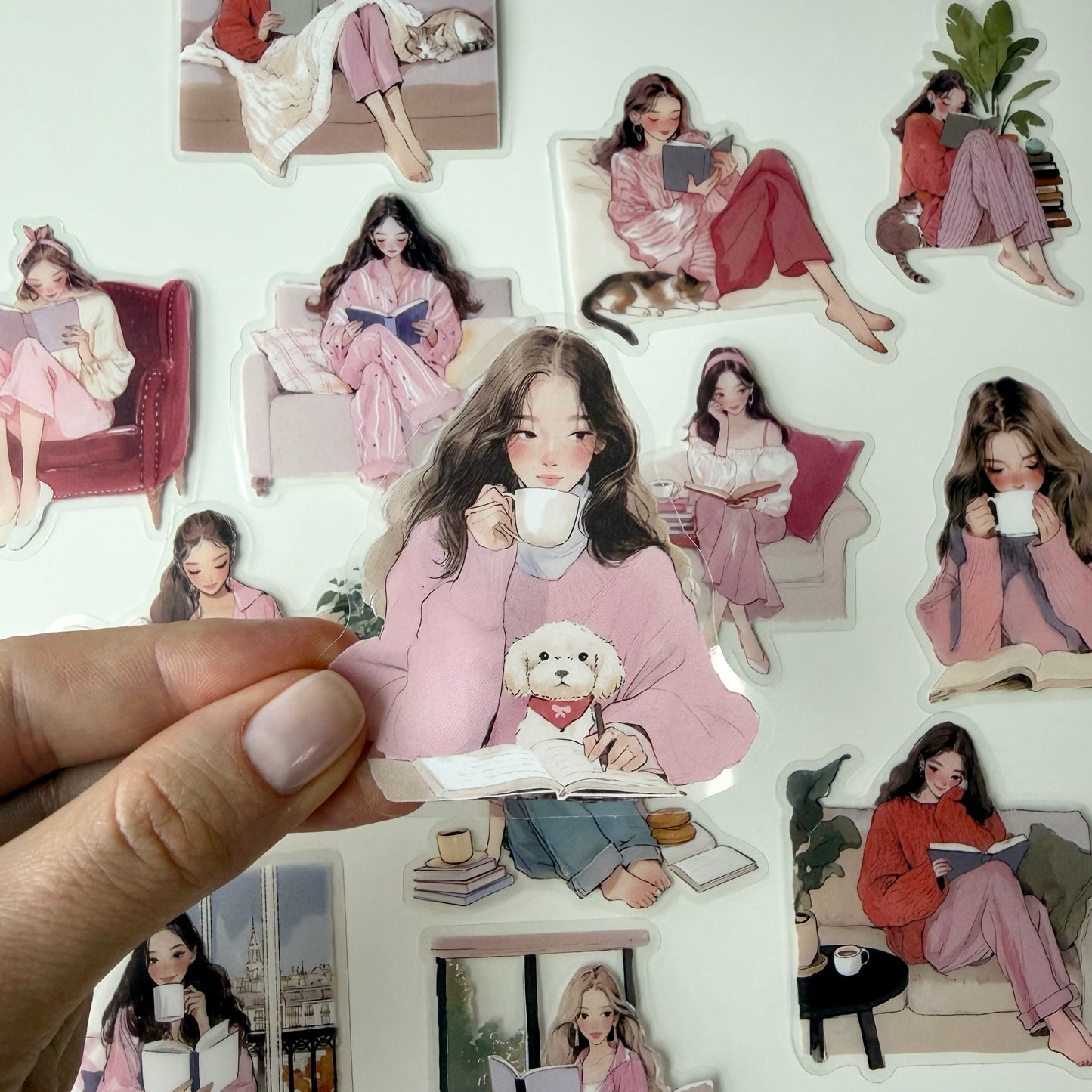 Sweet Reading Girl Stickers | Pastel Pink Aesthetic (15 pcs)